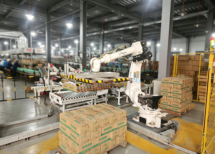 机器人给桂饮绿洲豆奶码垛